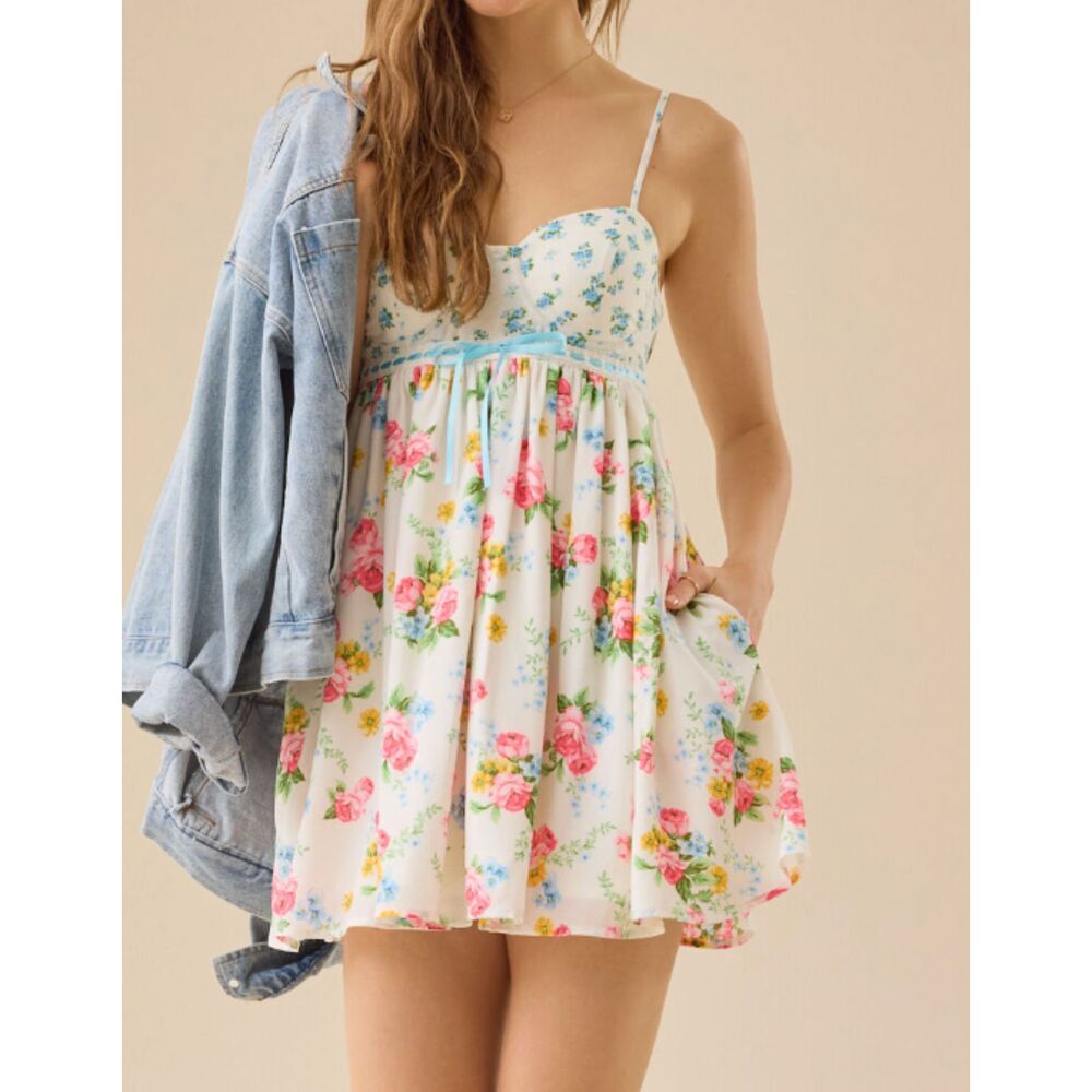 Altar'd State Lola Floral Patchwork Mini Dress Tie Back Size Medium NWT